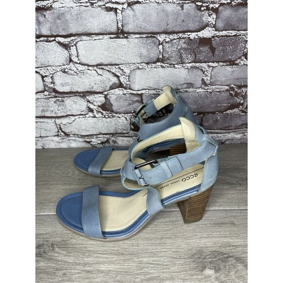 ECCO DANISH DESIGN Blue Leather Ankle Strappy Stacked Heel Sandals Women Sz 40EU - Picture 9 of 16